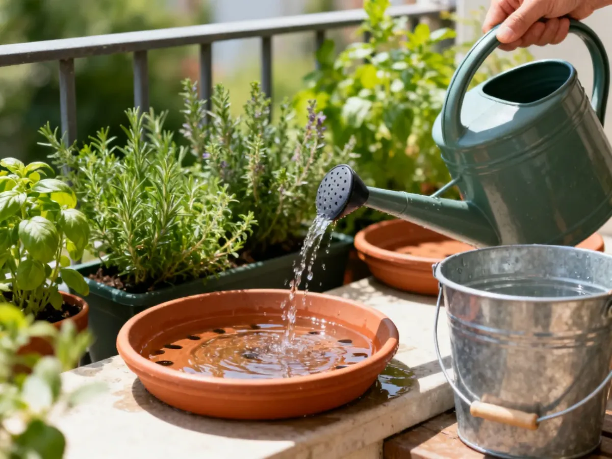 Removing standing water from containers near potted plants