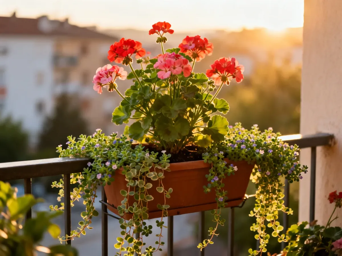 Geranium and cascading bacopa arranged in a balcony planter