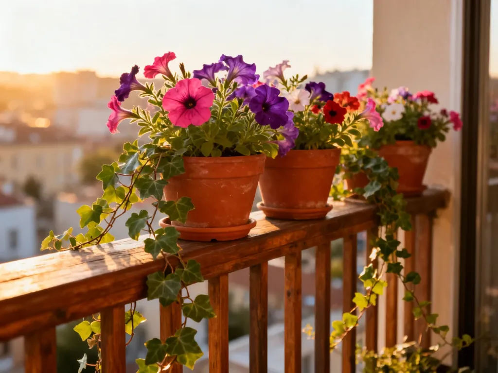 Drewniana balustrada balkonowa z terakotowymi donicami pełnymi kwitnących petunii i bluszczu w promieniach słońca.