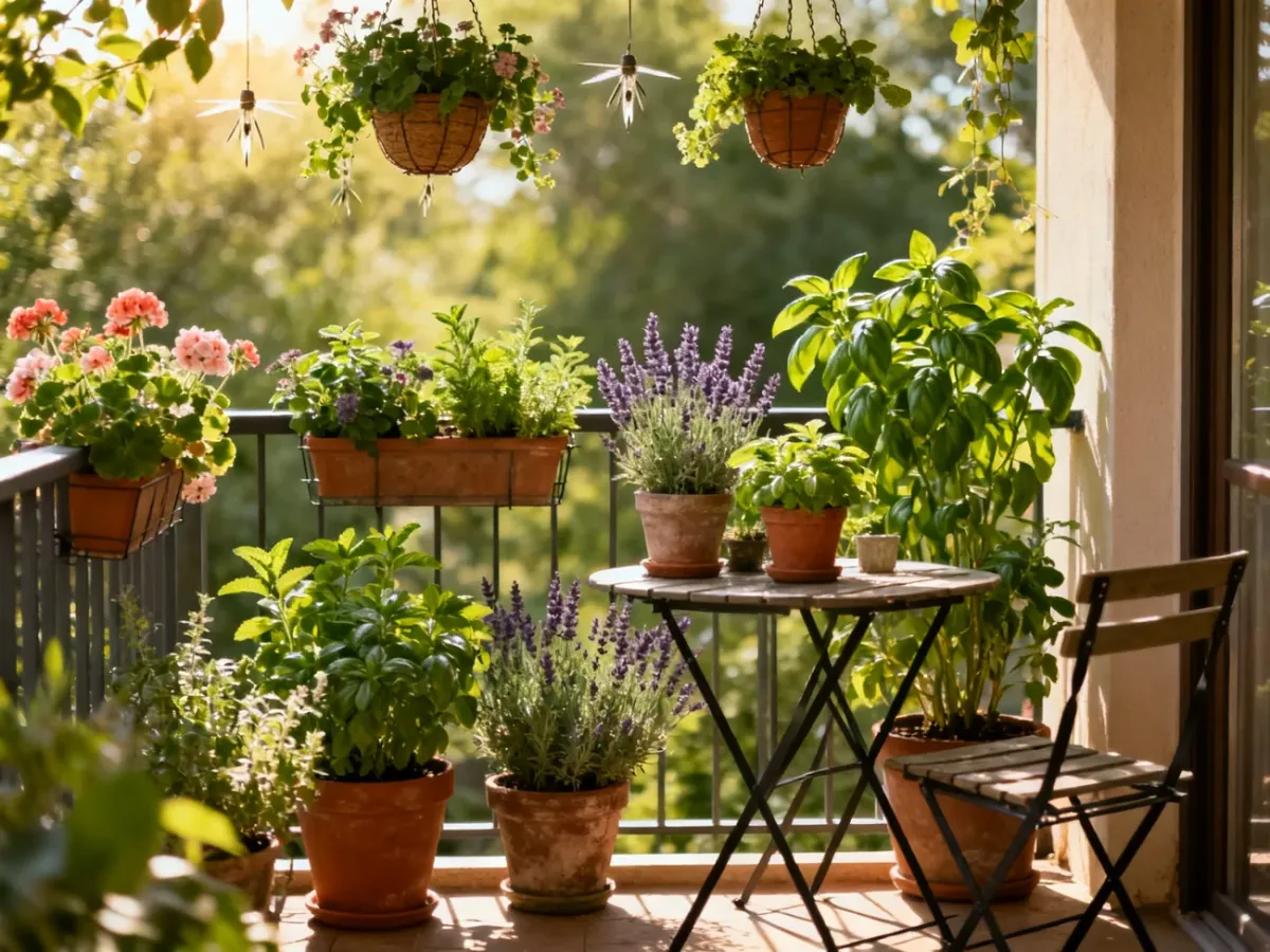 A balcony filled with fragrant potted plants near a seating area