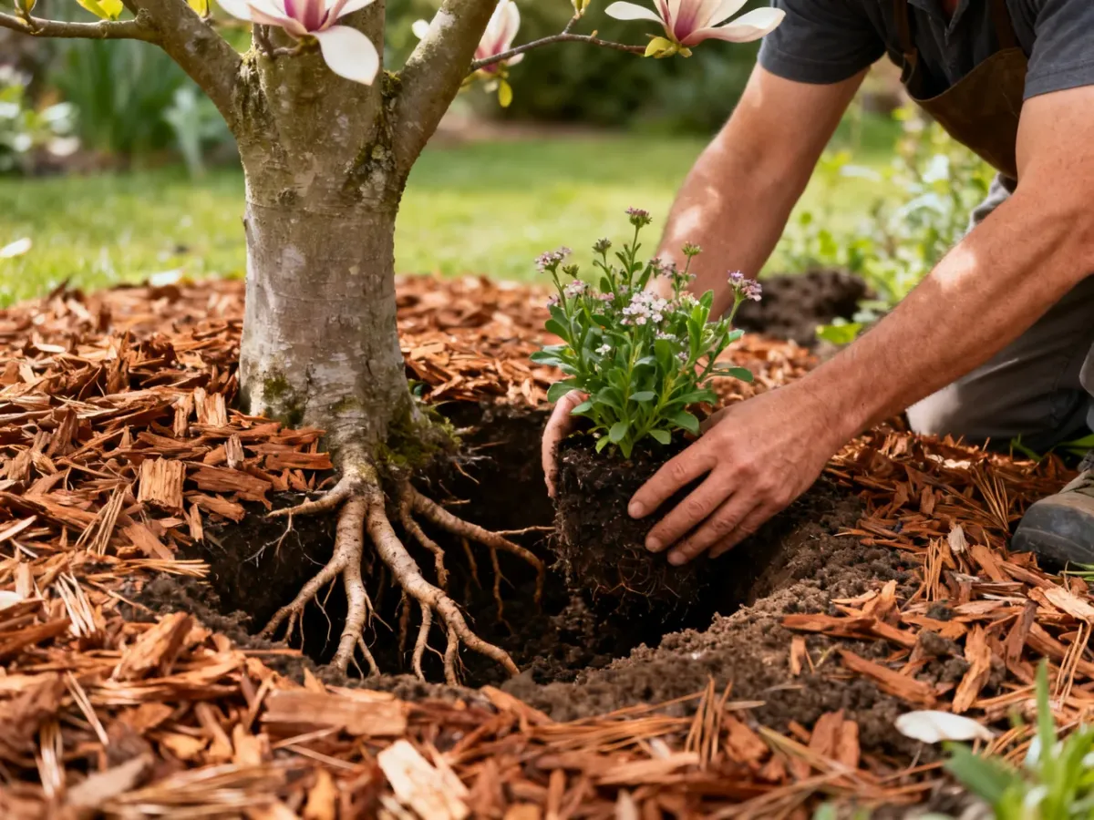 Sadzenie niskiej byliny pod magnolią z zachowaniem ostrożności przy korzeniach