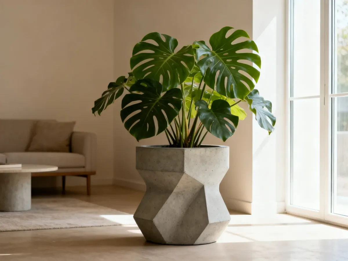 Monstera w betonowej donicy w nowoczesnym wnętrzu